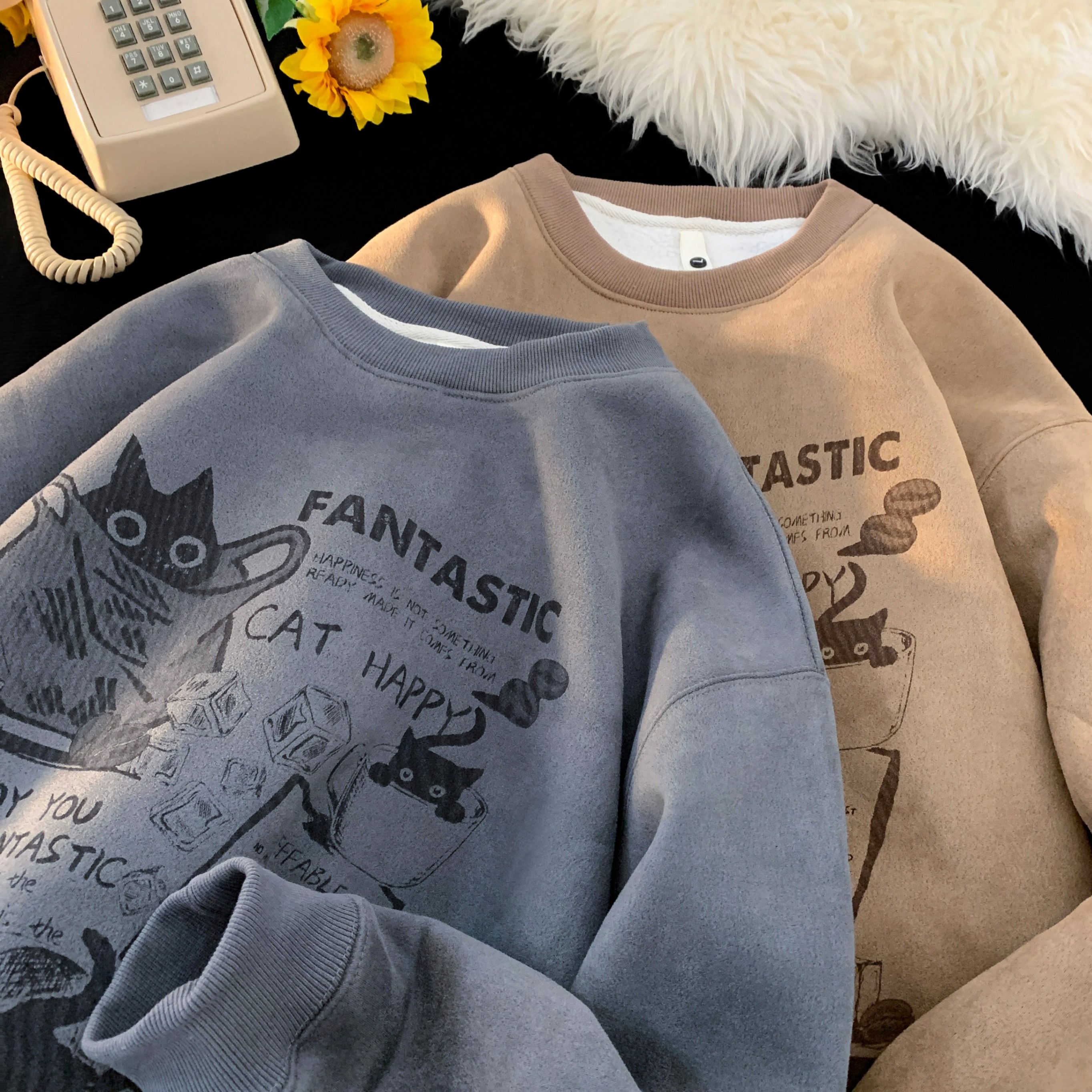 Heavy velvet thickened suede sweatshirt men's autumn and winter warm American style loose stiff round neck long-sleeved jacket