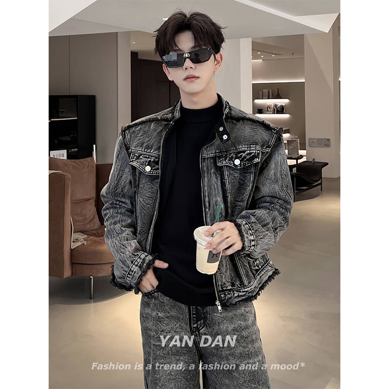 American retro old breasted black denim jacket high-end vintage motorcycle suit denim jacket men