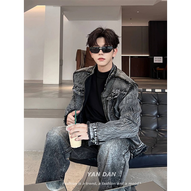 American retro old breasted black denim jacket high-end vintage motorcycle suit denim jacket men