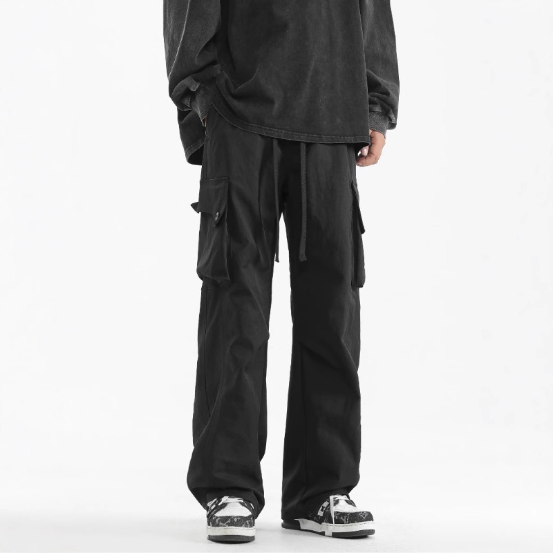 Men's spring American pleated design straight overalls women's retro all-match loose drawstring wide-leg casual pants