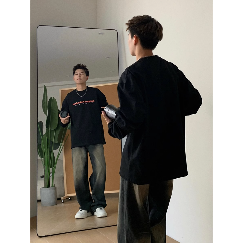 American trendy brand and national trend original street long-sleeved T-shirt for boys with letter printing basic base cotton couple tops