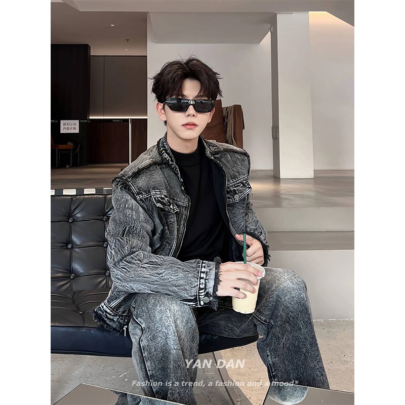 American retro old breasted black denim jacket high-end vintage motorcycle suit denim jacket men