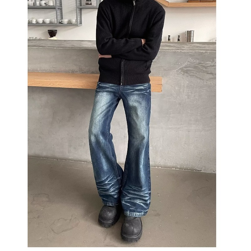 American high street cat whisker wash basic jeans men and women niche design couple retro straight trousers trendy