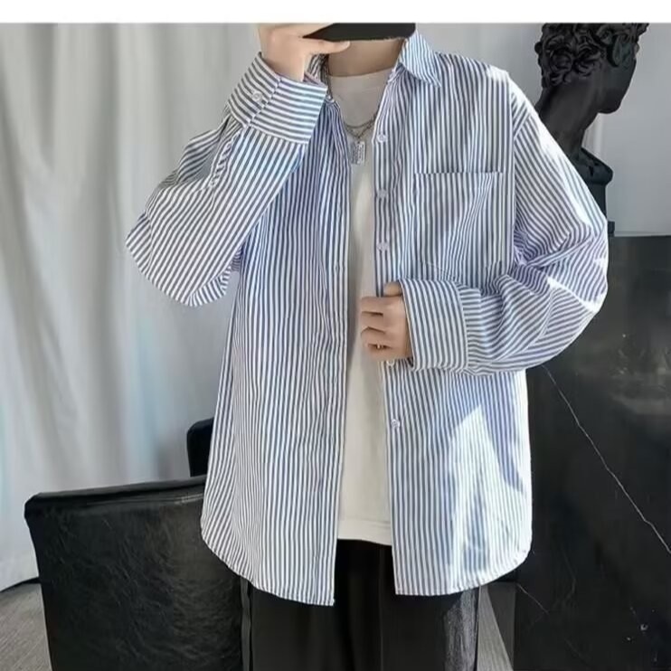 Japanese blue and white striped long-sleeved shirt men's new spring casual white shirt high-end versatile jacket