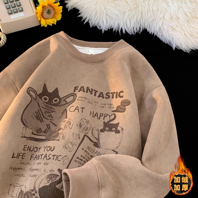 Heavy velvet thickened suede sweatshirt men's autumn and winter warm American style loose stiff round neck long-sleeved jacket