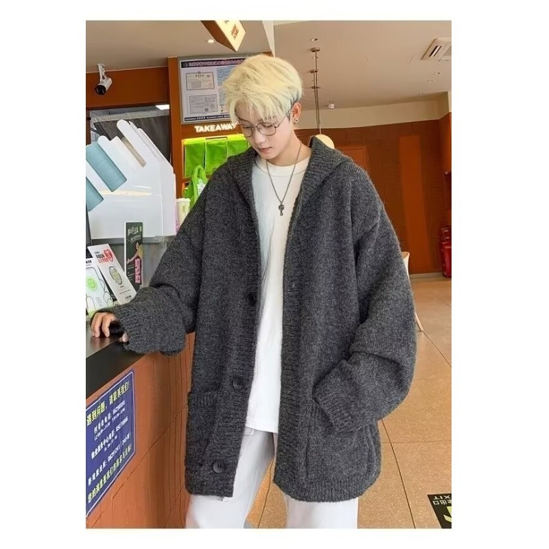 Hooded cardigan sweater men's autumn and winter lazy style loose casual knitted jacket top