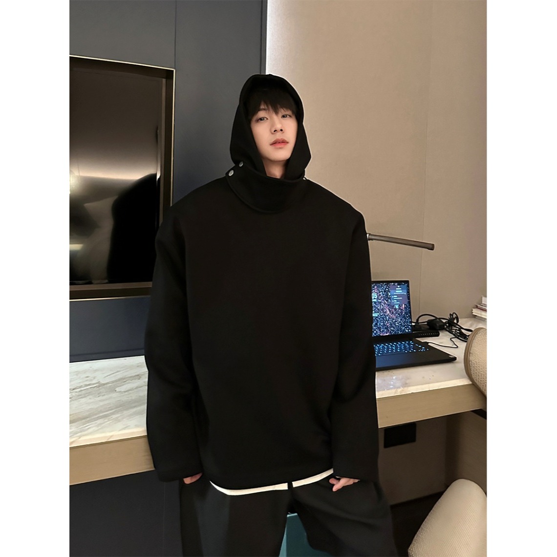 Heavy, thick, high-end design, stand-up collar, space cotton hooded sweatshirt for men, solid color, loose and versatile, trendy casual tops