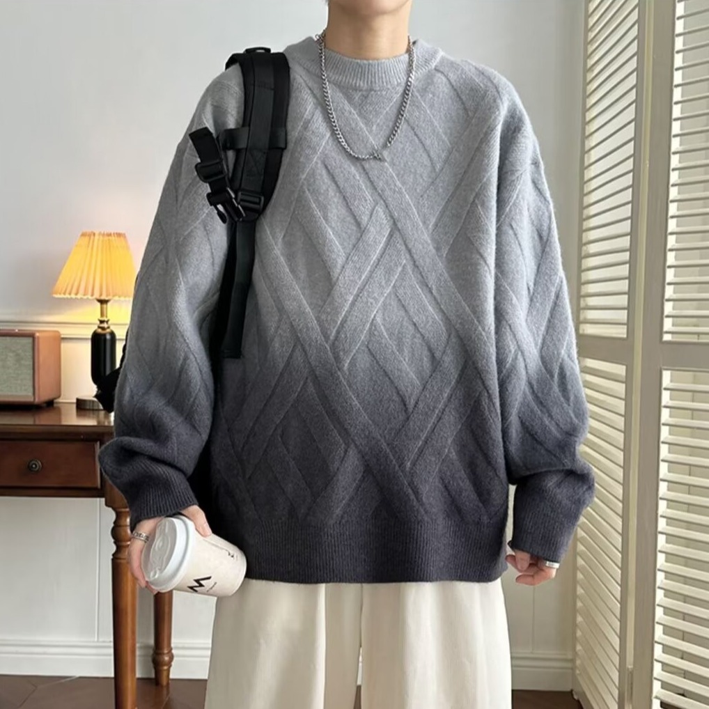 Gradient color sweater for men in winter thickened simple trendy sweater for men loose lazy style pullover sweater jacket