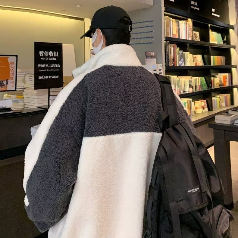 New winter season thickened color-blocking casual cotton jacket trendy brand casual versatile Harajuku style jacket couple style