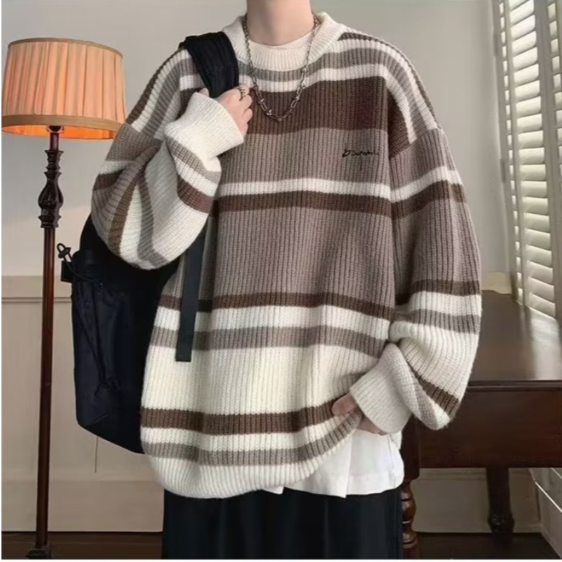 Sweater men's Japanese retro striped contrasting color bottoming sweater autumn and winter trendy brand loose sweater jacket