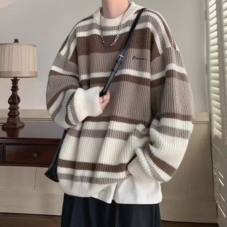 Sweater men's Japanese retro striped contrasting color bottoming sweater autumn and winter trendy brand loose sweater jacket