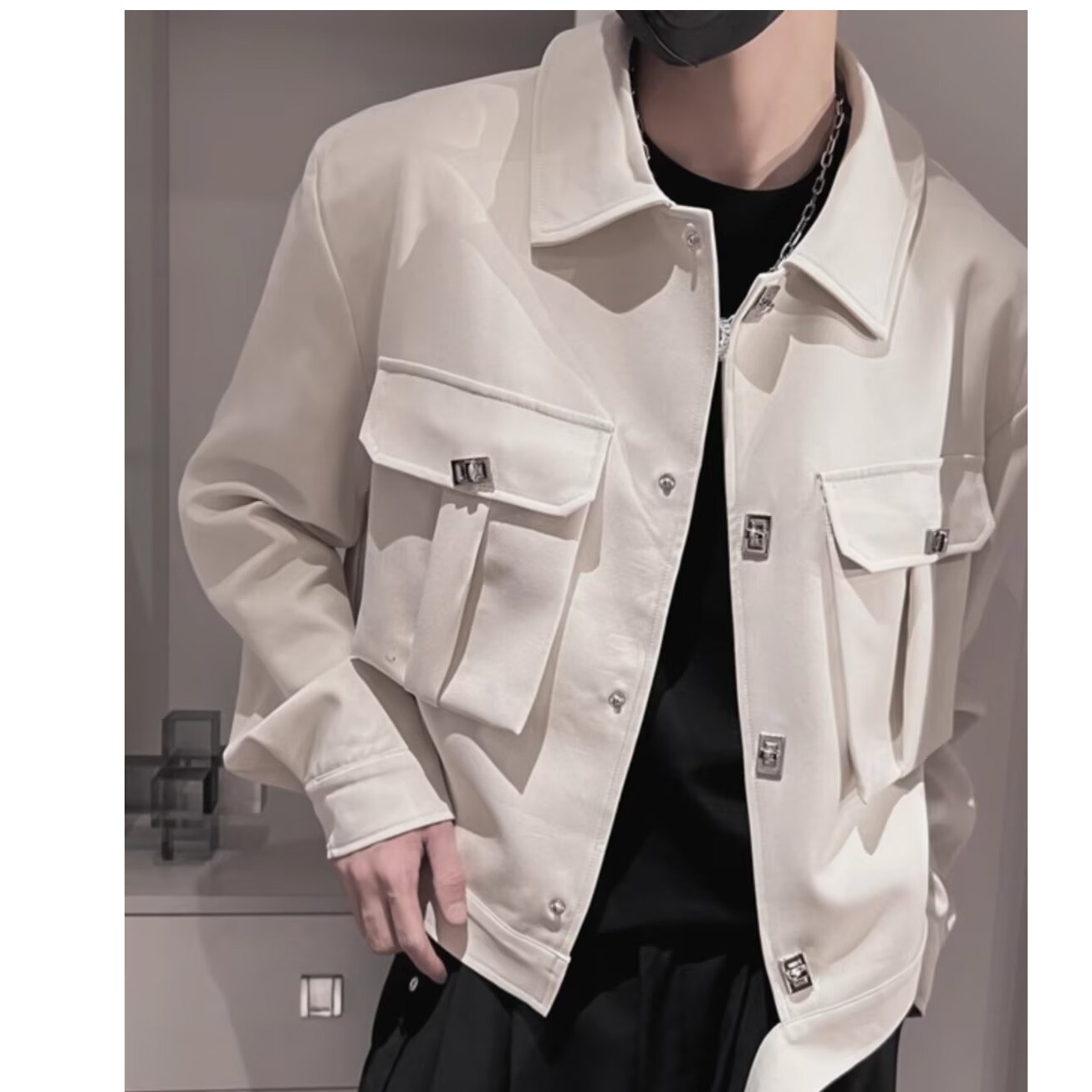 Teenagers short outer wear regular trendy lapel solid color daily jacket spring and autumn niche design metal buttons