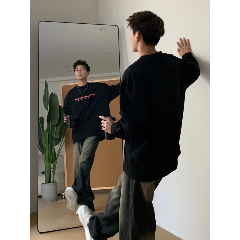 American trendy brand and national trend original street long-sleeved T-shirt for boys with letter printing basic base cotton couple tops