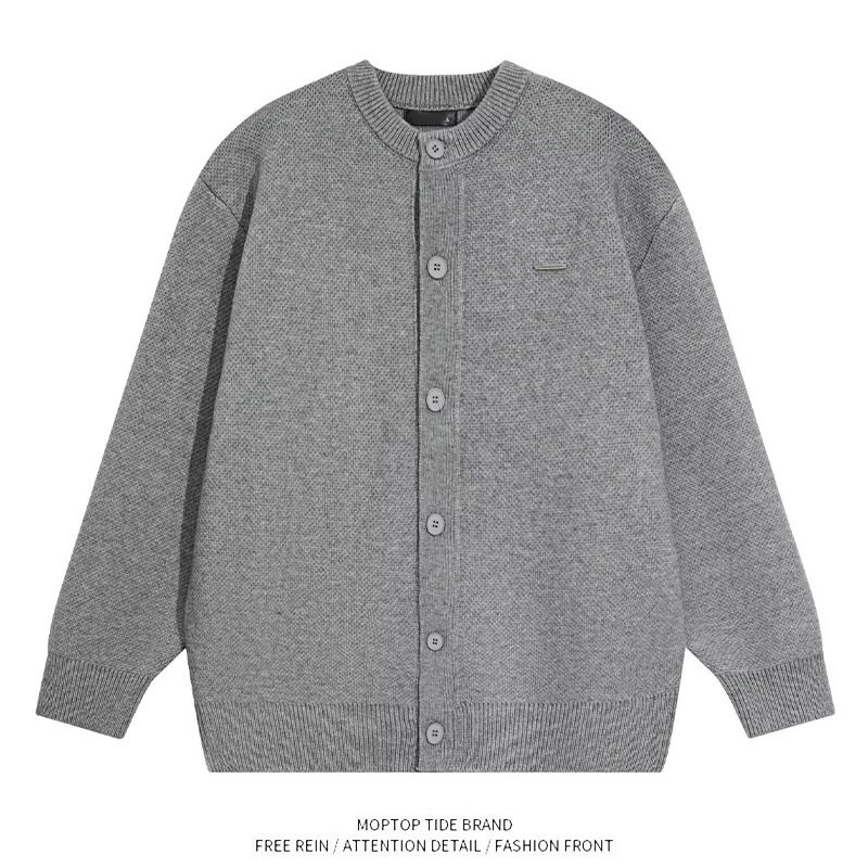 New baseball collar thick-knit cardigan sweater for men solid color loose casual lazy gray coat for men
