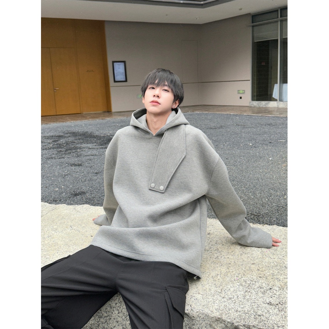 Heavy, thick, high-end design, stand-up collar, space cotton hooded sweatshirt for men, solid color, loose and versatile, trendy casual tops