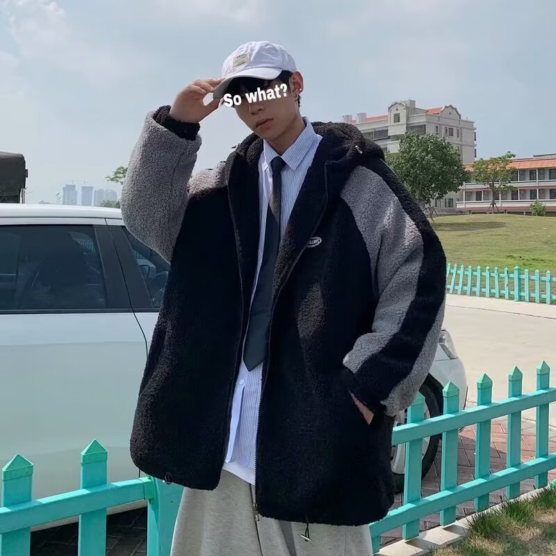 Summer lamb velvet hooded jacket for men Hong Kong style ins retro color-blocking loose versatile teen casual jacket