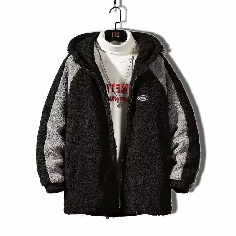 Summer lamb velvet hooded jacket for men Hong Kong style ins retro color-blocking loose versatile teen casual jacket