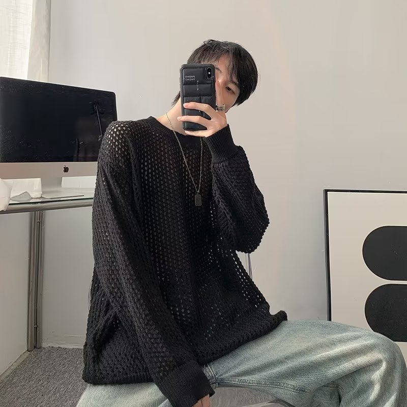 Sweater Men's Autumn and Winter Trendy Korean Style New Hollow Grid Sun Protection Shirt Versatile Knitted Sweater Jacket