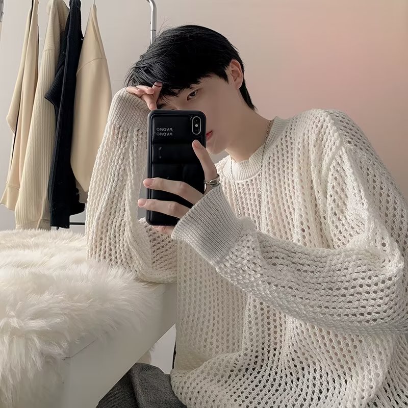 Sweater Men's Autumn and Winter Trendy Korean Style New Hollow Grid Sun Protection Shirt Versatile Knitted Sweater Jacket