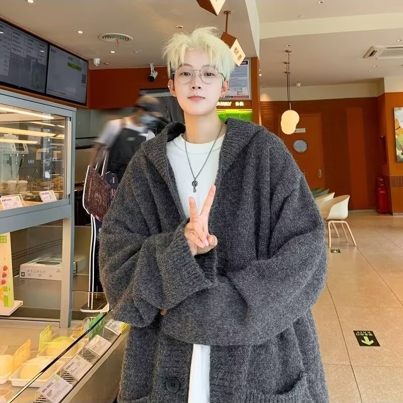 Hooded cardigan sweater men's autumn and winter lazy style loose casual knitted jacket top