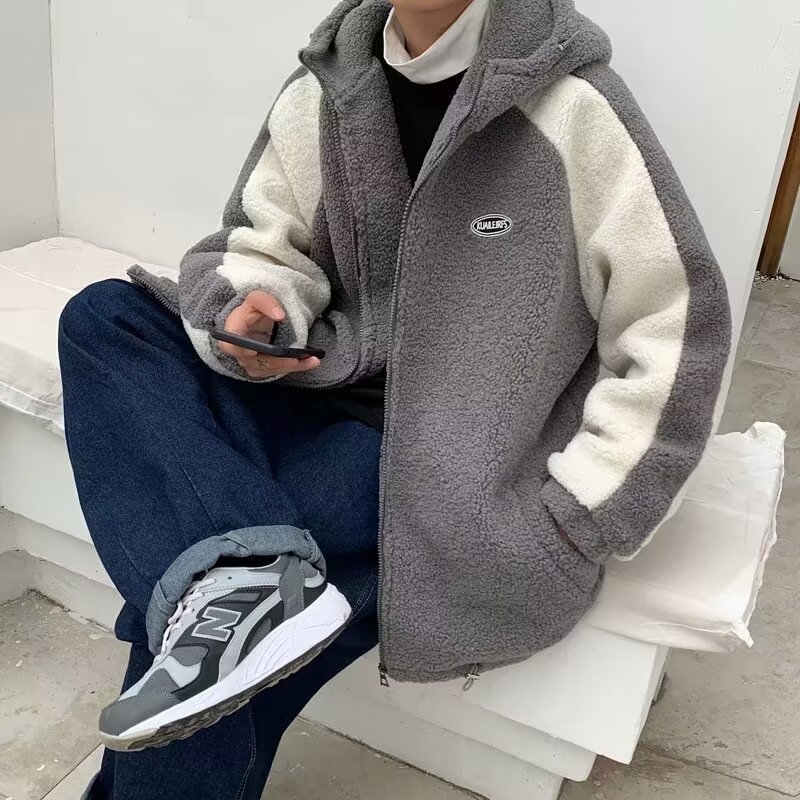 Summer lamb velvet hooded jacket for men Hong Kong style ins retro color-blocking loose versatile teen casual jacket