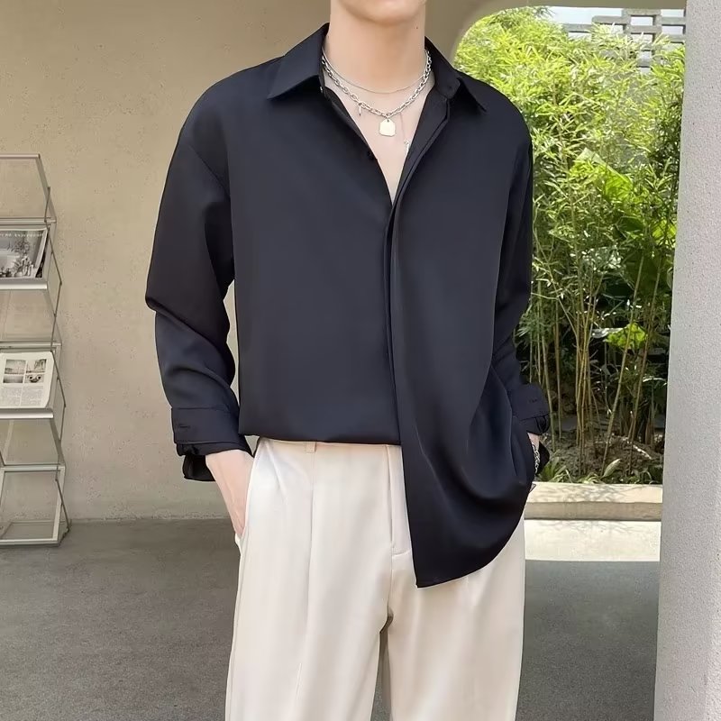 Solid color youth popular ins fashion simple long-sleeved trendy new shirt Harajuku daily trend summer men's standard