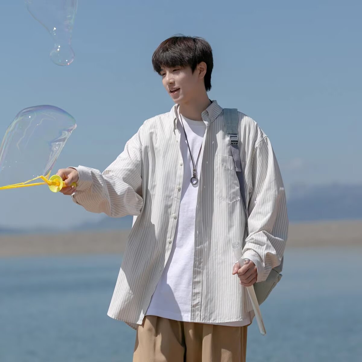 Japanese blue and white striped long-sleeved shirt men's new spring casual white shirt high-end versatile jacket