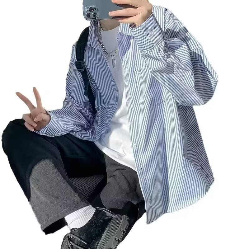 Japanese blue and white striped long-sleeved shirt men's new spring casual white shirt high-end versatile jacket