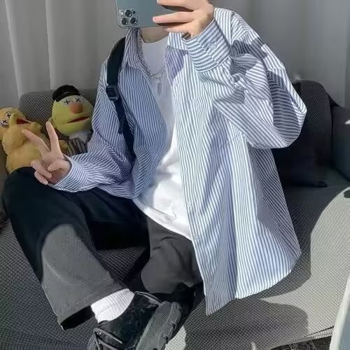 Japanese blue and white striped long-sleeved shirt men's new spring casual white shirt high-end versatile jacket