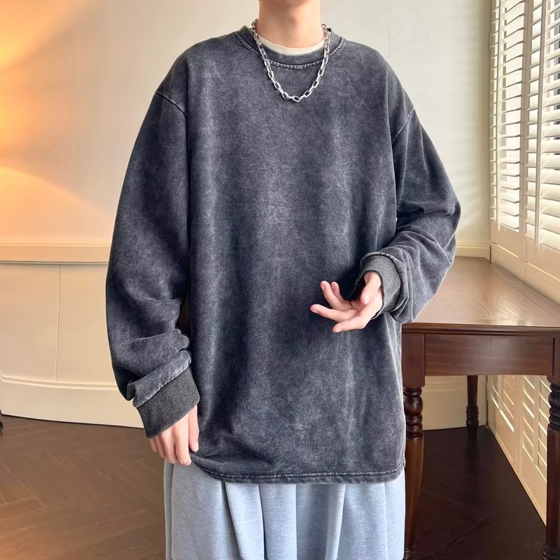 American sweatshirt men's spring and autumn solid color washed distressed round neck top loose casual long-sleeved large size couple coat