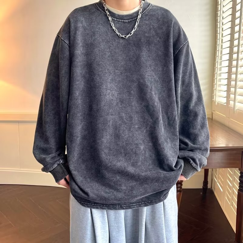 American sweatshirt men's spring and autumn solid color washed distressed round neck top loose casual long-sleeved large size couple coat