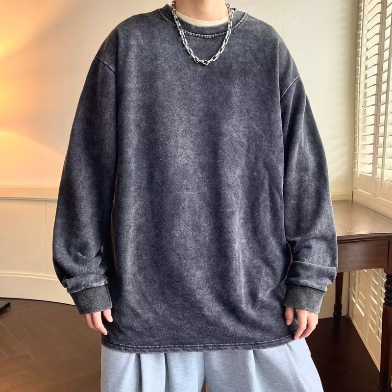 American sweatshirt men's spring and autumn solid color washed distressed round neck top loose casual long-sleeved large size couple coat