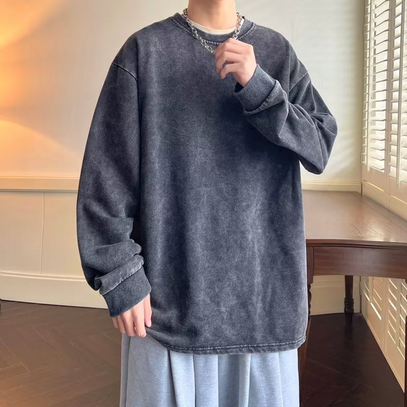 American sweatshirt men's spring and autumn solid color washed distressed round neck top loose casual long-sleeved large size couple coat