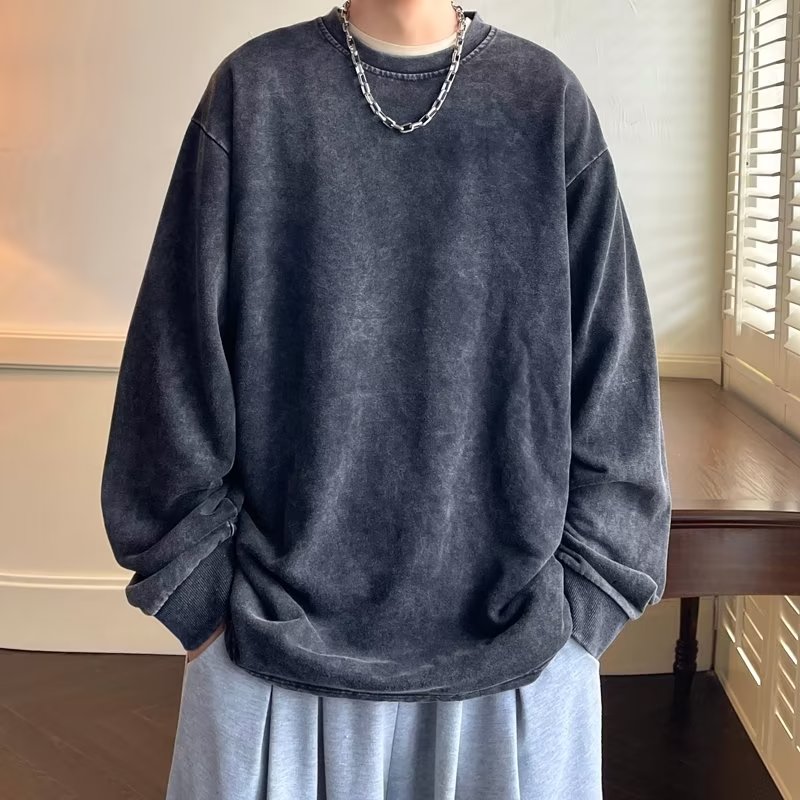 American sweatshirt men's spring and autumn solid color washed distressed round neck top loose casual long-sleeved large size couple coat