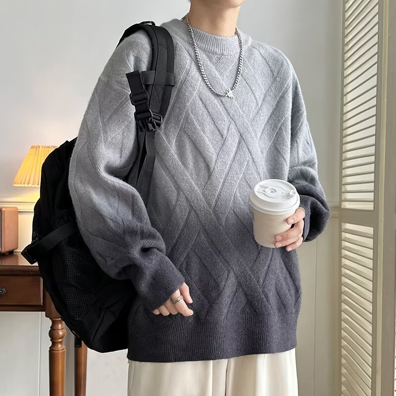 Gradient color sweater for men in winter thickened simple trendy sweater for men loose lazy style pullover sweater jacket
