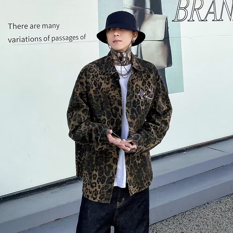 Spring retro high-end leopard pattern long-sleeved shirt men's niche metal button yuppie shirt jacket