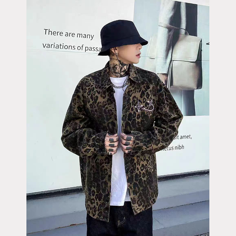 Spring retro high-end leopard pattern long-sleeved shirt men's niche metal button yuppie shirt jacket