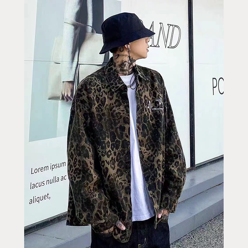 Spring retro high-end leopard pattern long-sleeved shirt men's niche metal button yuppie shirt jacket
