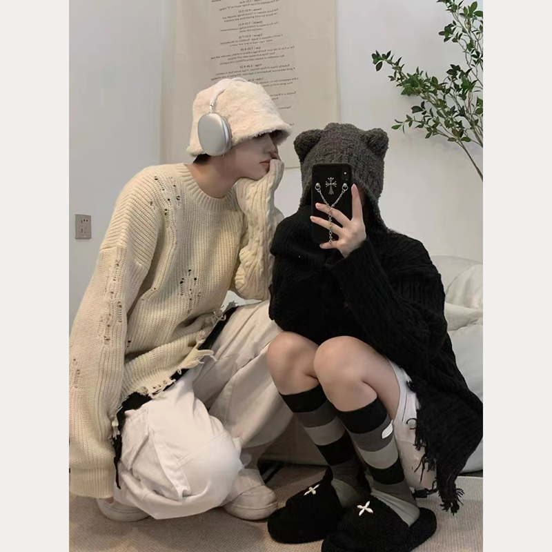 Korean knitted sweater tops for women, new style, holes, personalized design, sweet and cool style, medium and long sweaters for small people, trendy spring and autumn