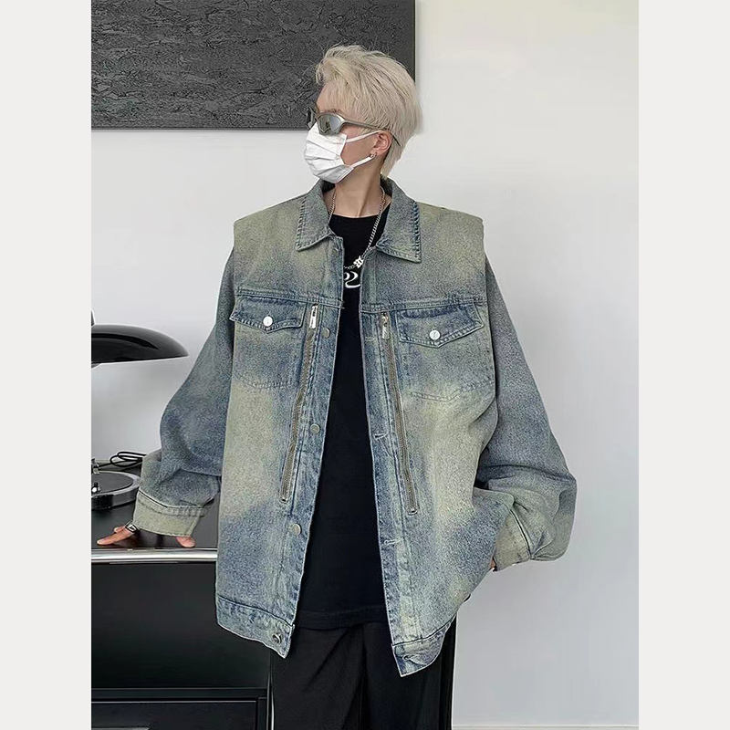 Retro design sense niche American -style washing denim jacket Men's spring and autumn ins Tide brand couple high -level sensor jacket