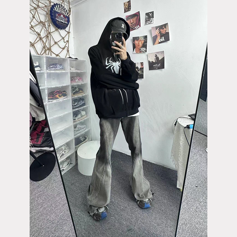 European station heavy industry gradient jeans men's gray spring fashion trend casual slim slightly flared long pants