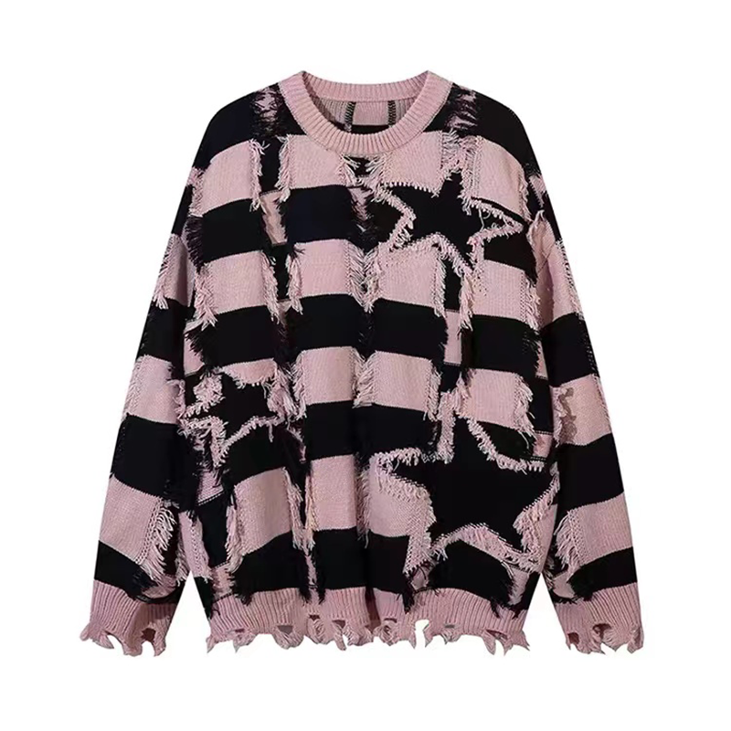 Trendy brand striped contrasting star hole sweater retro men's and women's all-match loose sweater ins