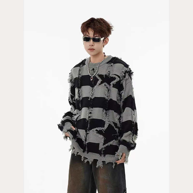 Trendy brand striped contrasting star hole sweater retro men's and women's all-match loose sweater ins