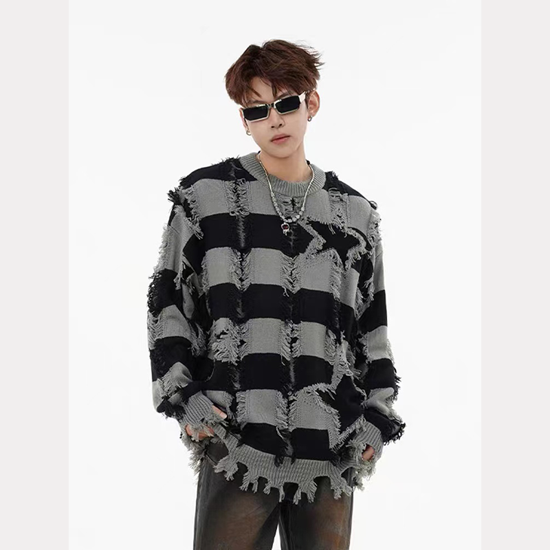 Trendy brand striped contrasting star hole sweater retro men's and women's all-match loose sweater ins