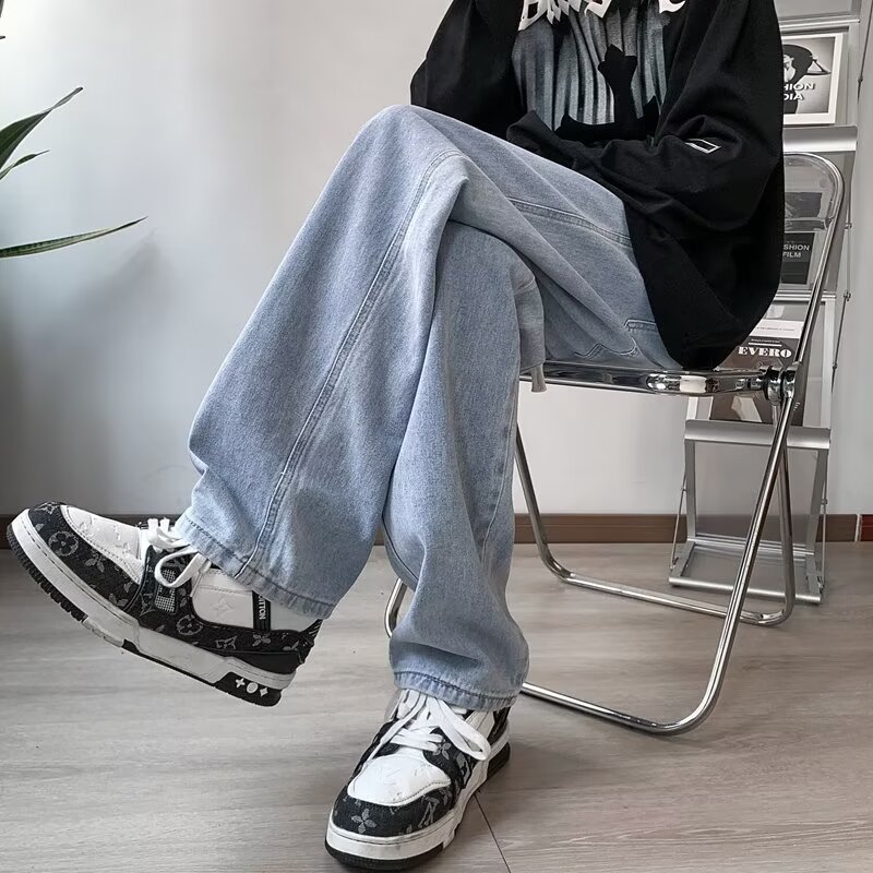 American retro washed jeans men's trendy brand ins loose casual versatile straight wide leg trousers