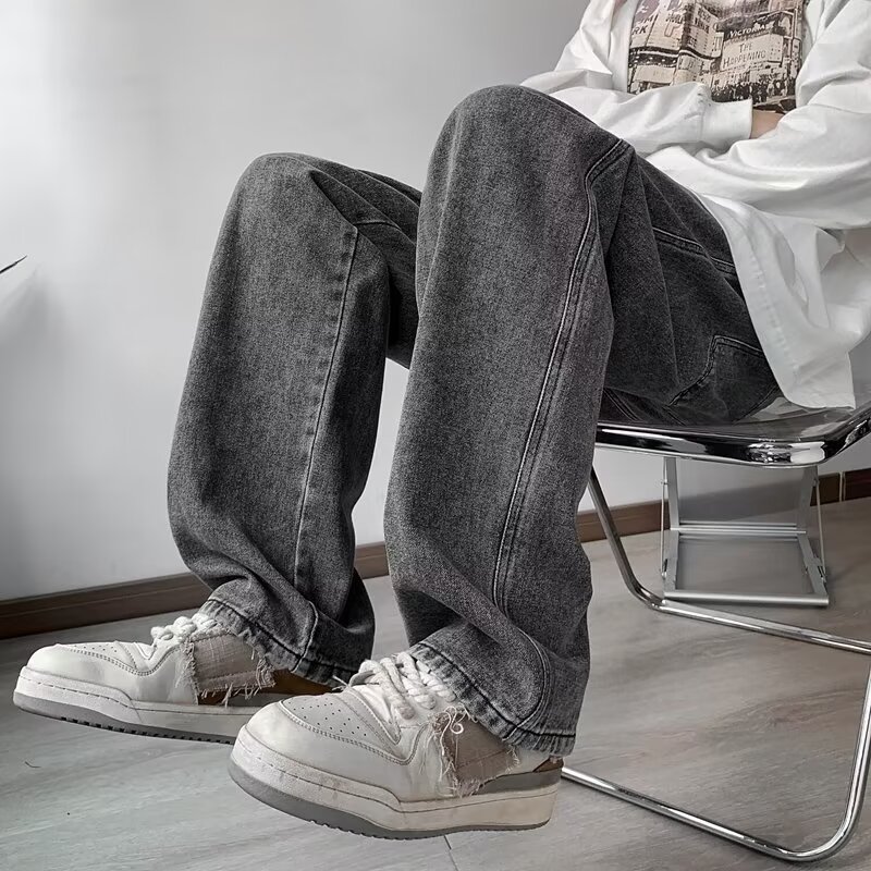 American retro washed jeans men's trendy brand ins loose casual versatile straight wide leg trousers