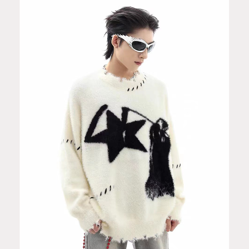 American Cartoon Soft Mink Plush Cute Jacquard Sweater Women's Autumn and Winter Couple Style Knitted Sweater Top