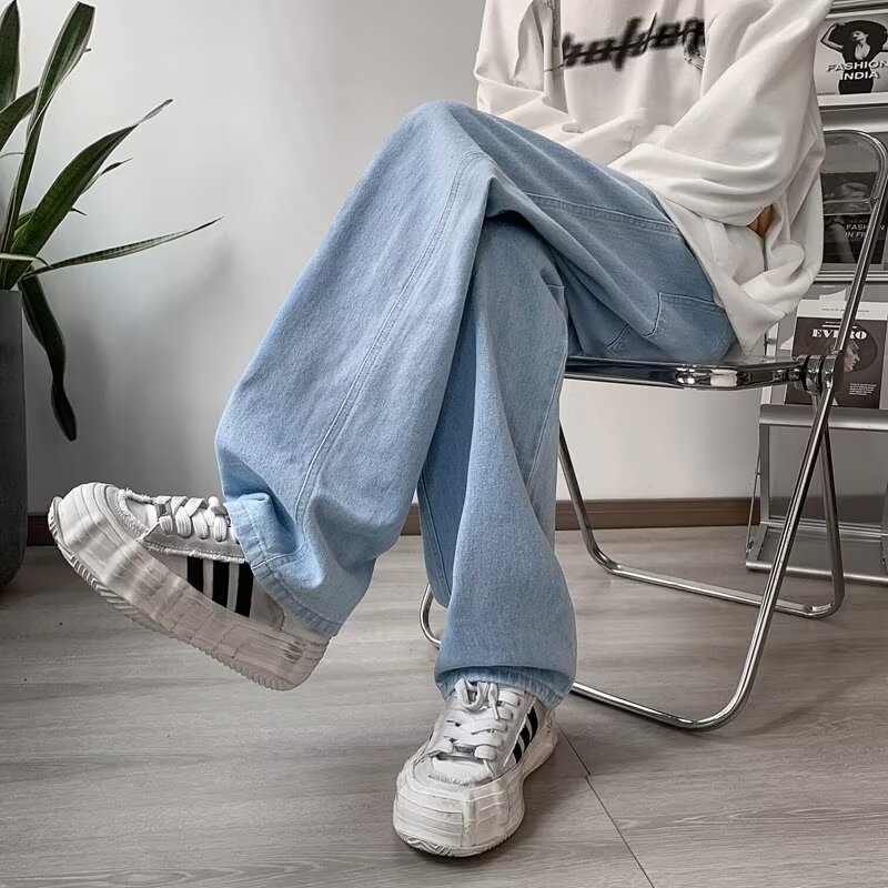 American retro washed jeans men's trendy brand ins loose casual versatile straight wide leg trousers
