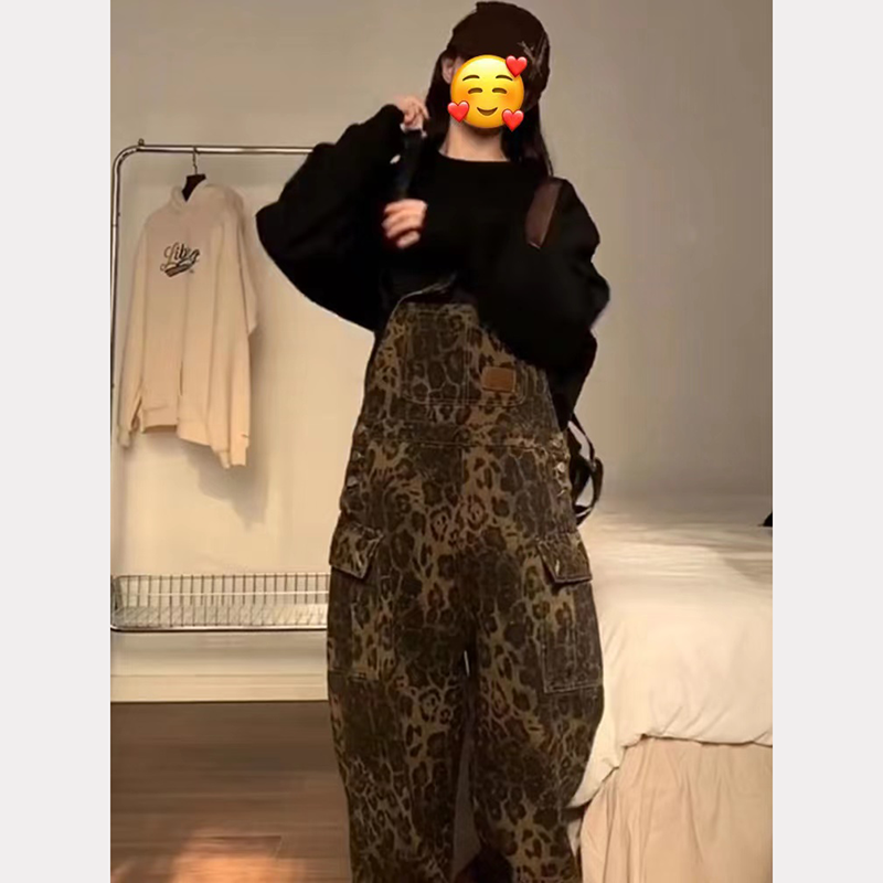 American retro loose straight leopard overalls for men and women new street washing wide-leg multi-pocket pants trendy