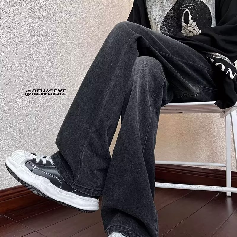 Wide-leg jeans for men, spring and autumn trendy brand loose straight casual trousers, distressed washed retro floor-length slim trousers